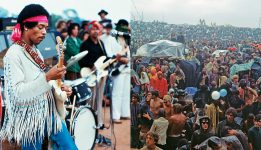 Jimi Hendrix and a crowd at Woodstock standing in the rain